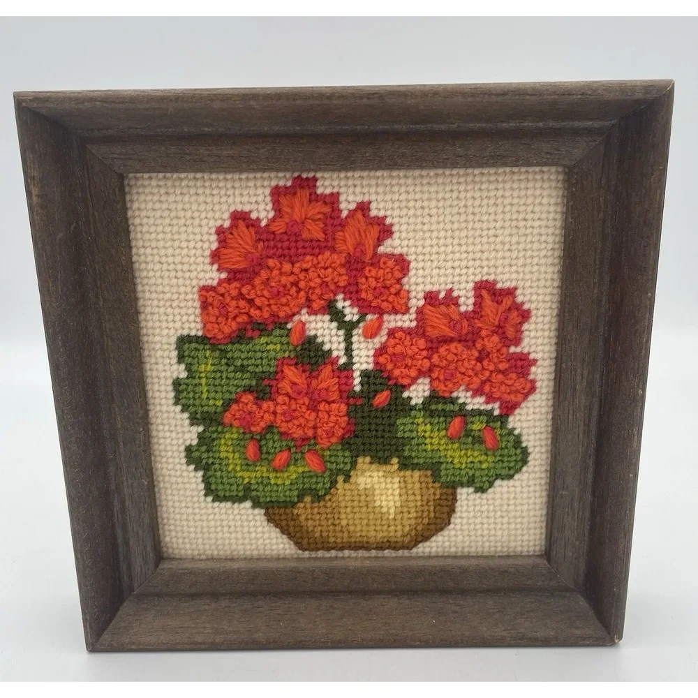 Vtg Floral Crewel Embroidery Framed Wall Art 6 x 6 Cottagecore Red Geraniums MCM